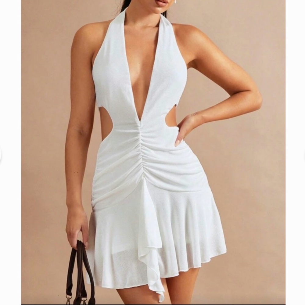 Halter Layered Ruffled Mini Dress - White